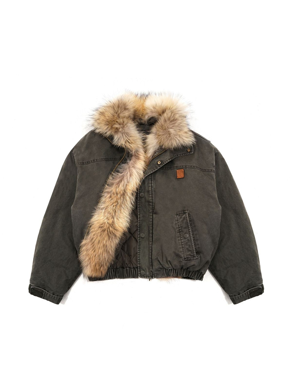 MASONPRINCE Fox Fur Collar Canvas Hunting Jacket in Green #color_green
