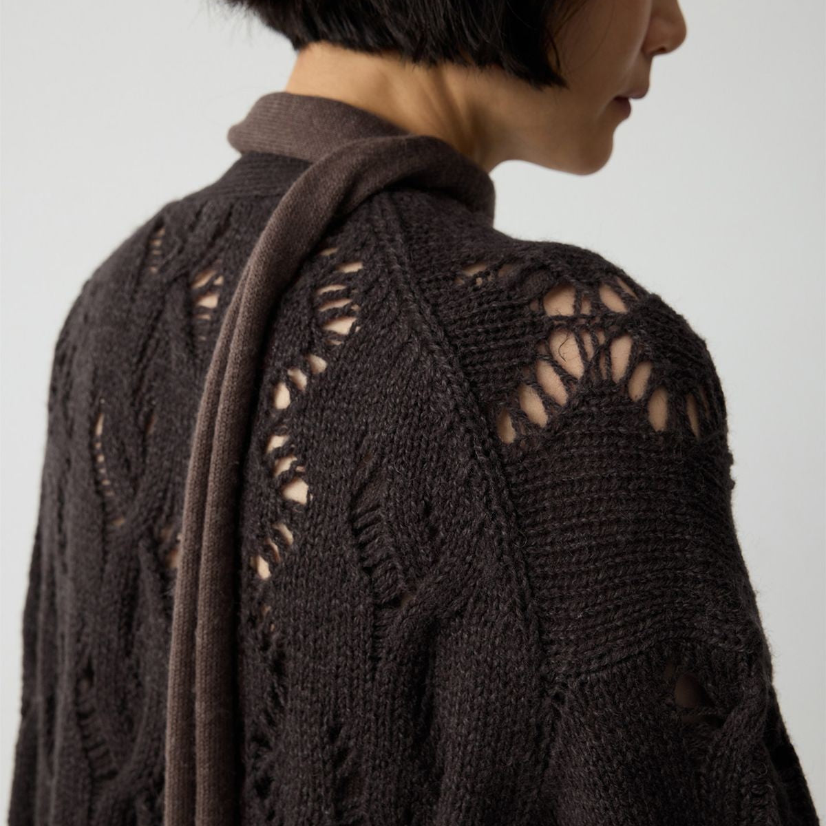 RandomPiece 100 Wool Openwork Tie Front Cardigan in Brown - Detail