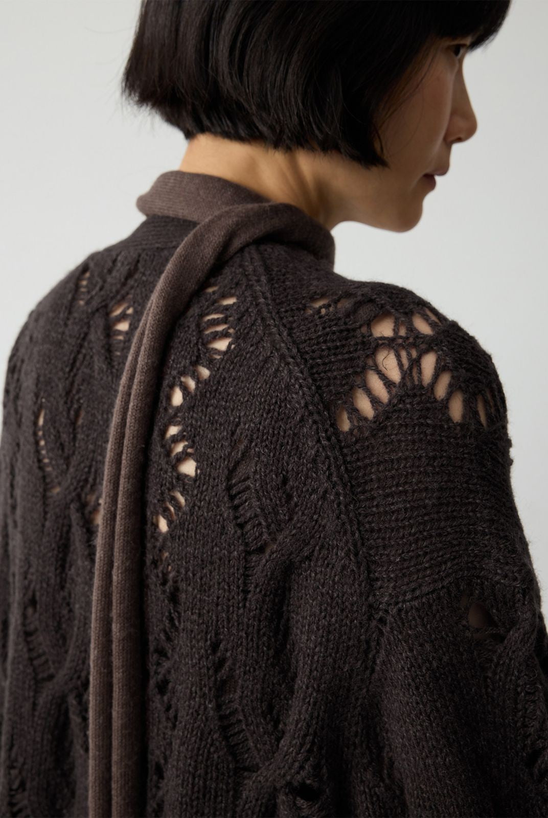 RandomPiece 100 Wool Openwork Tie Front Cardigan in Brown - Detail