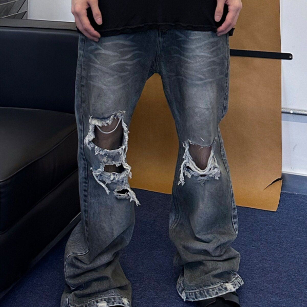 TRIANGLE PROJECT Distressed Dirty Wash Micro Flare Jeans in Denim - On Model