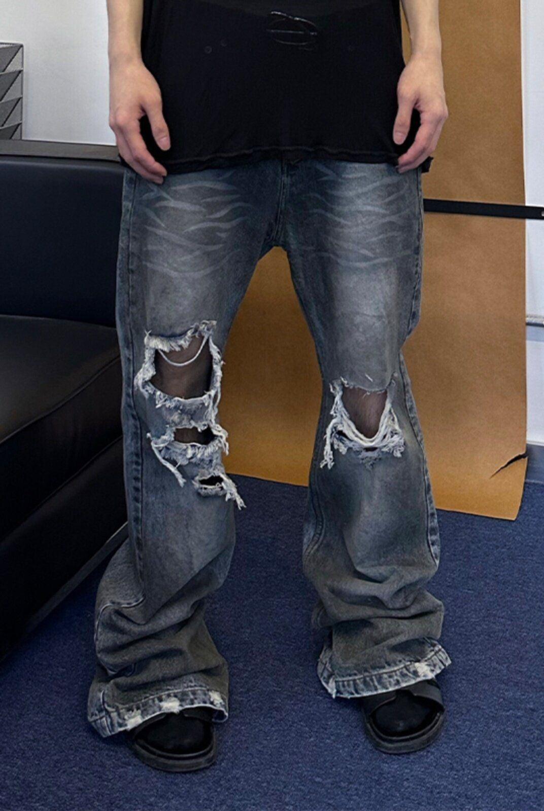 TRIANGLE PROJECT Distressed Dirty Wash Micro Flare Jeans in Denim - On Model