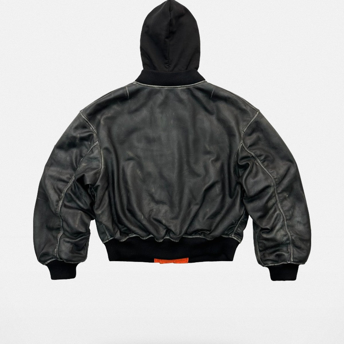 UNKNOWNWORLD Distressed Cowhide Hooded Bomber in Black