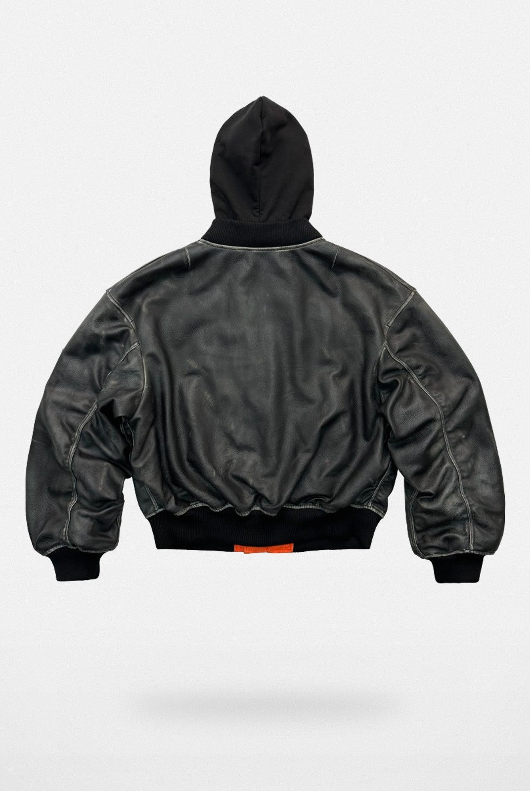 UNKNOWNWORLD Distressed Cowhide Hooded Bomber in Black