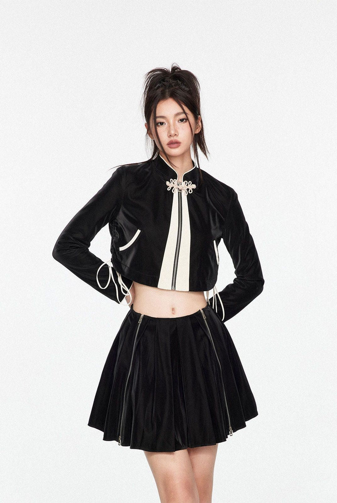 PUKI Frog Button Stand Collar Jacket in Black - On Model