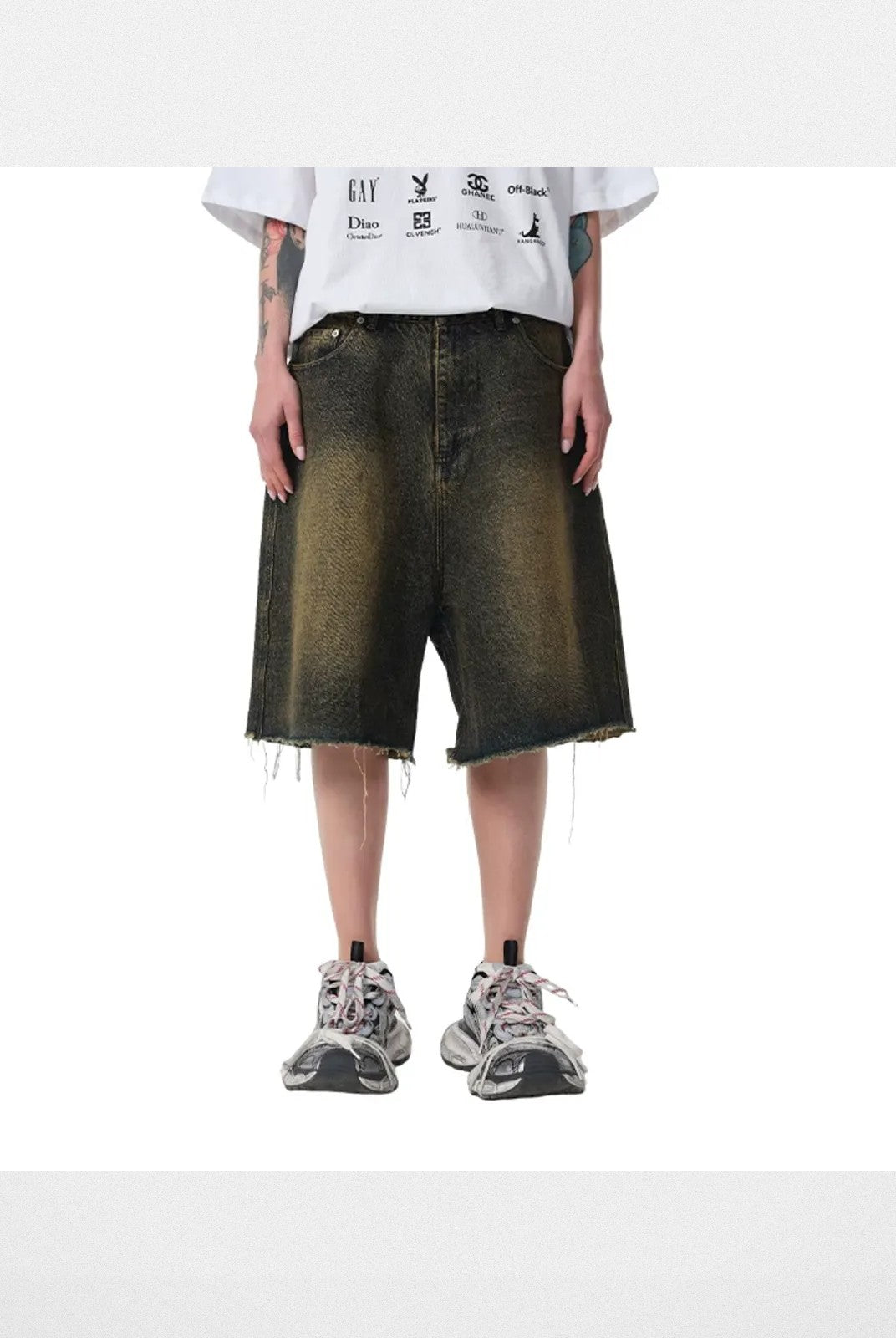 TRIANGLE PROJECT Washed Distressed Yellow Tint Denim Shorts in Denim - On Model