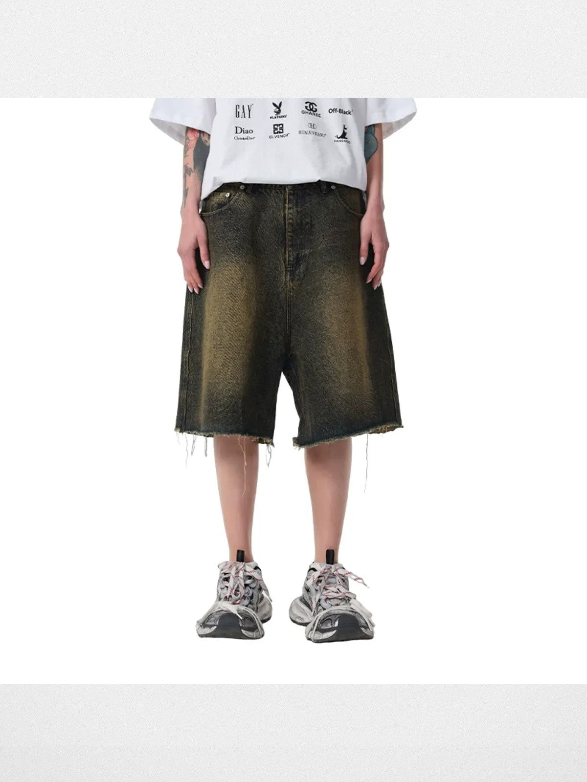 TRIANGLE PROJECT Washed Distressed Yellow Tint Denim Shorts in Denim - On Female Model