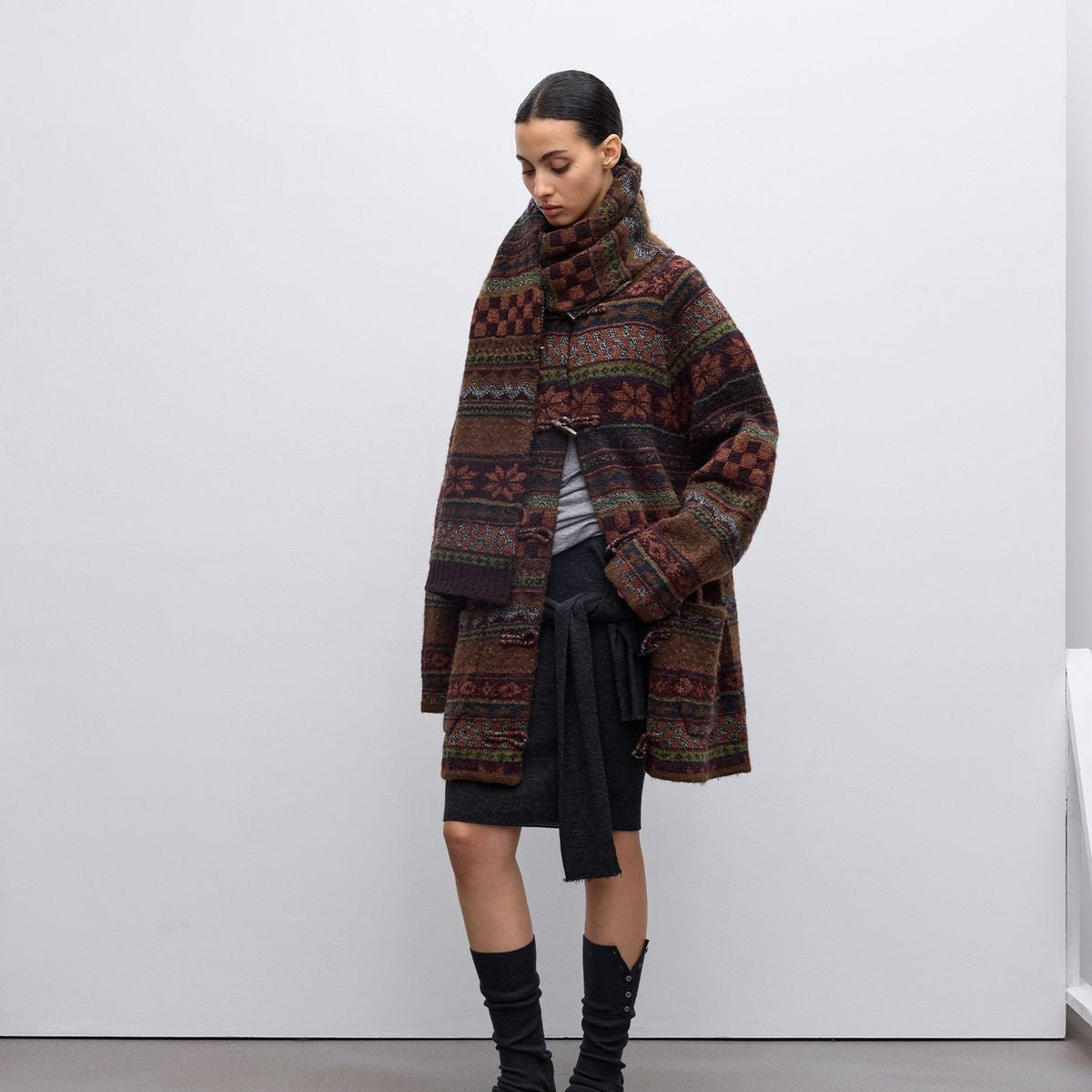 RandomPiece Fair Isle Wool Blend Toggle Coat in Brown - On Model