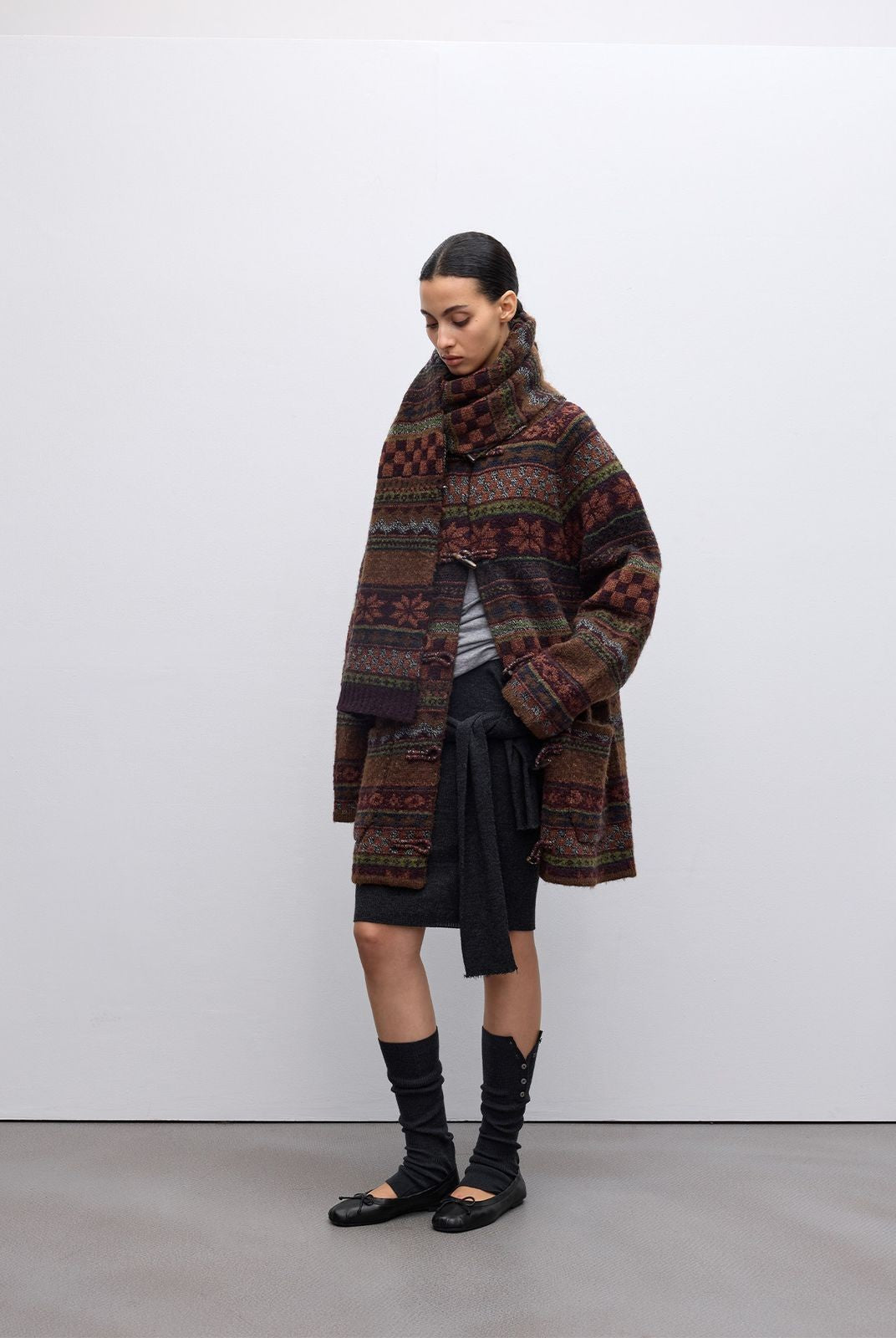 RandomPiece Fair Isle Wool Blend Toggle Coat in Brown - On Model