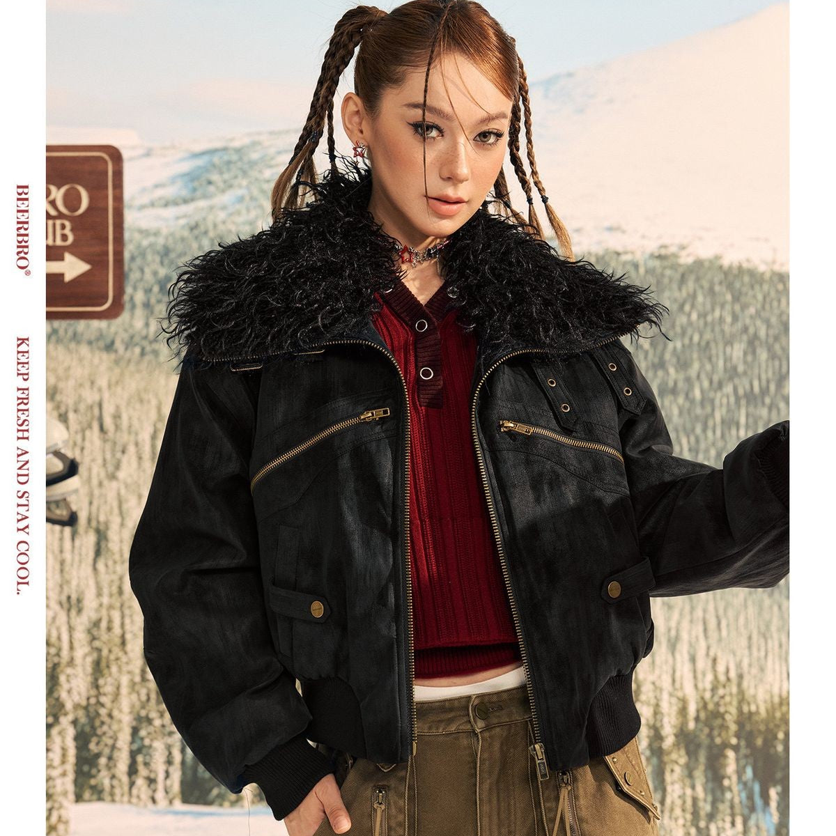 Beer Bro Faux Fur Collar PU Suede Bomber in Black - On Model