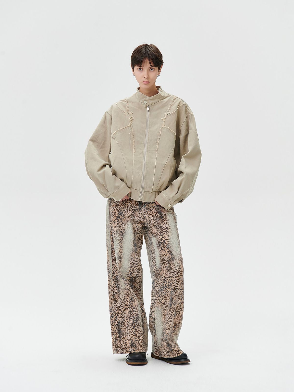 LOSTCTRL Washed Raw Edge Jacket in Beige - On Model