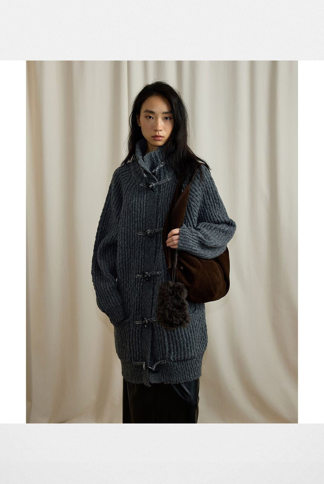 Randompiece Lambswool Stand Collar Toggle Cardigan in Gray - On Model