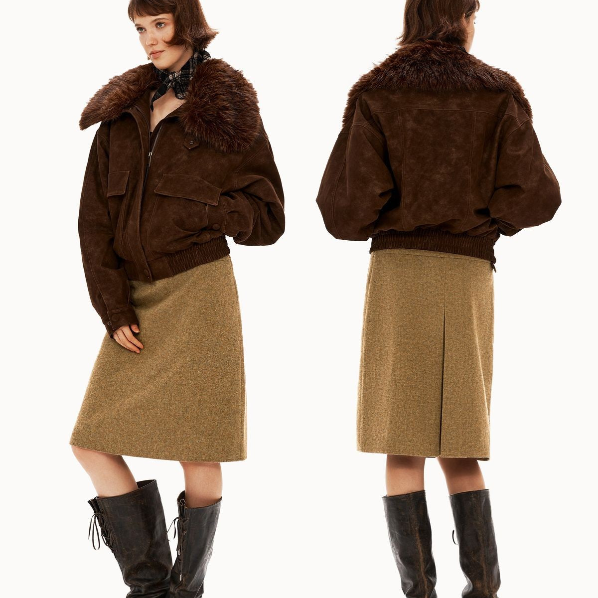 PUKI Washed Suede Parka with Fur Collar in Coffee - On Model