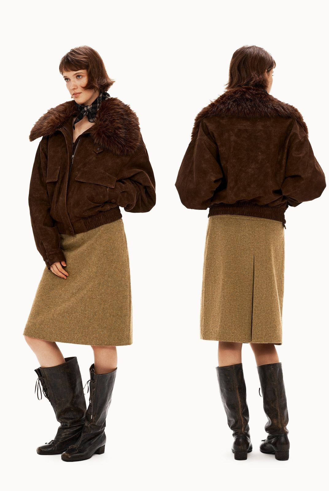 PUKI Washed Suede Parka with Fur Collar in Coffee - On Model