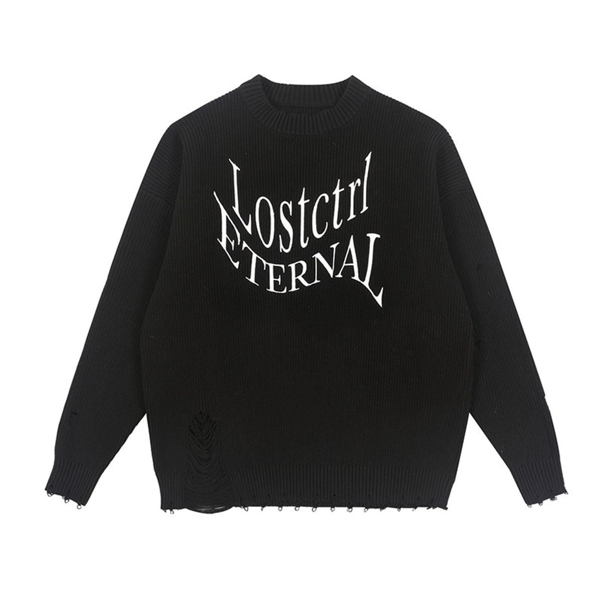 LOSTCTRL Distressed Logo Cotton Sweater in Black