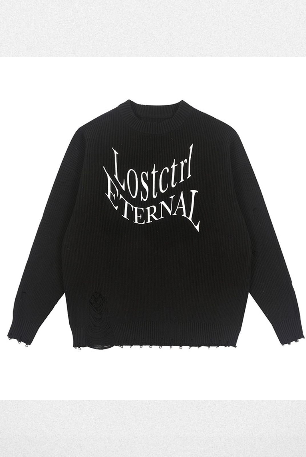 LOSTCTRL Distressed Logo Cotton Sweater in Black