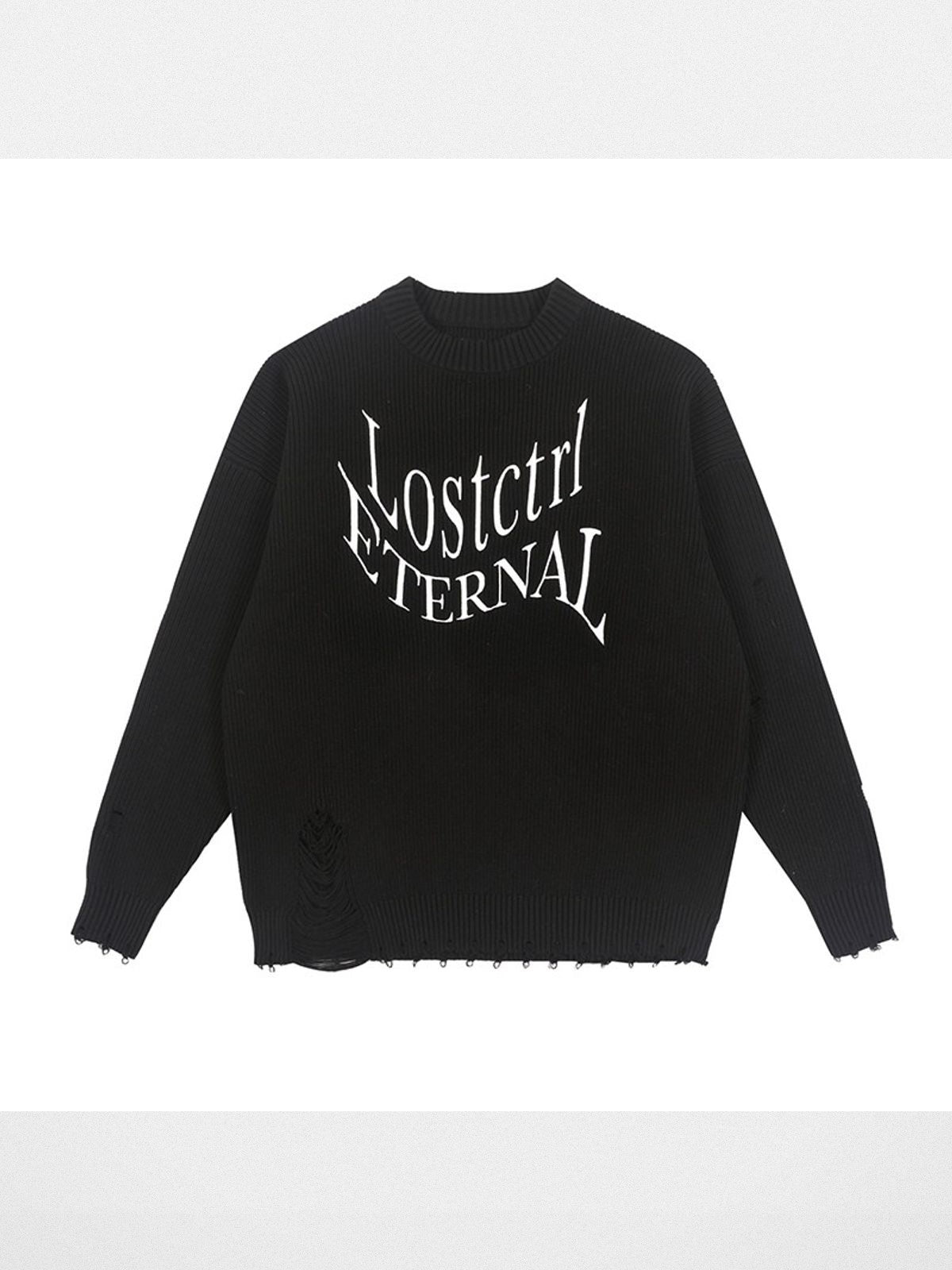 LOSTCTRL Distressed Logo Cotton Sweater in Black