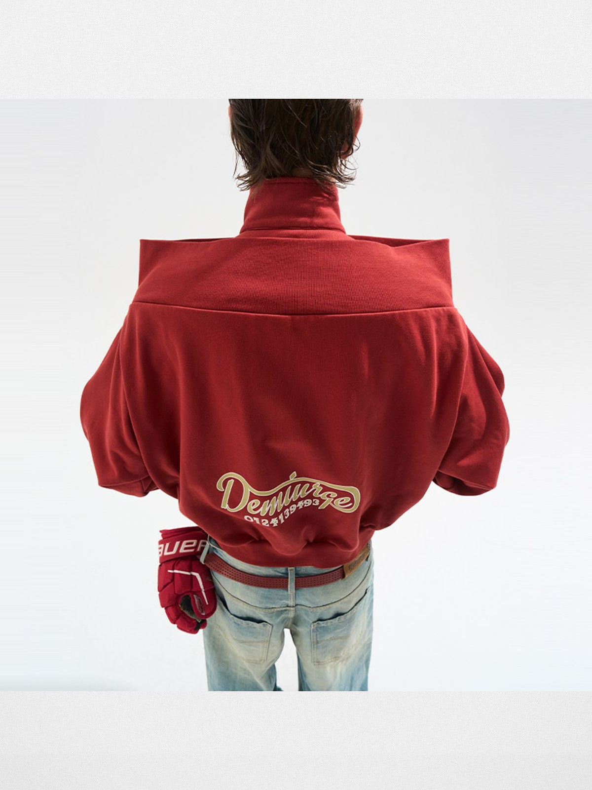 BLINDNOPLAN Inverted Off Shoulder Zip Jacket in Red - On Model