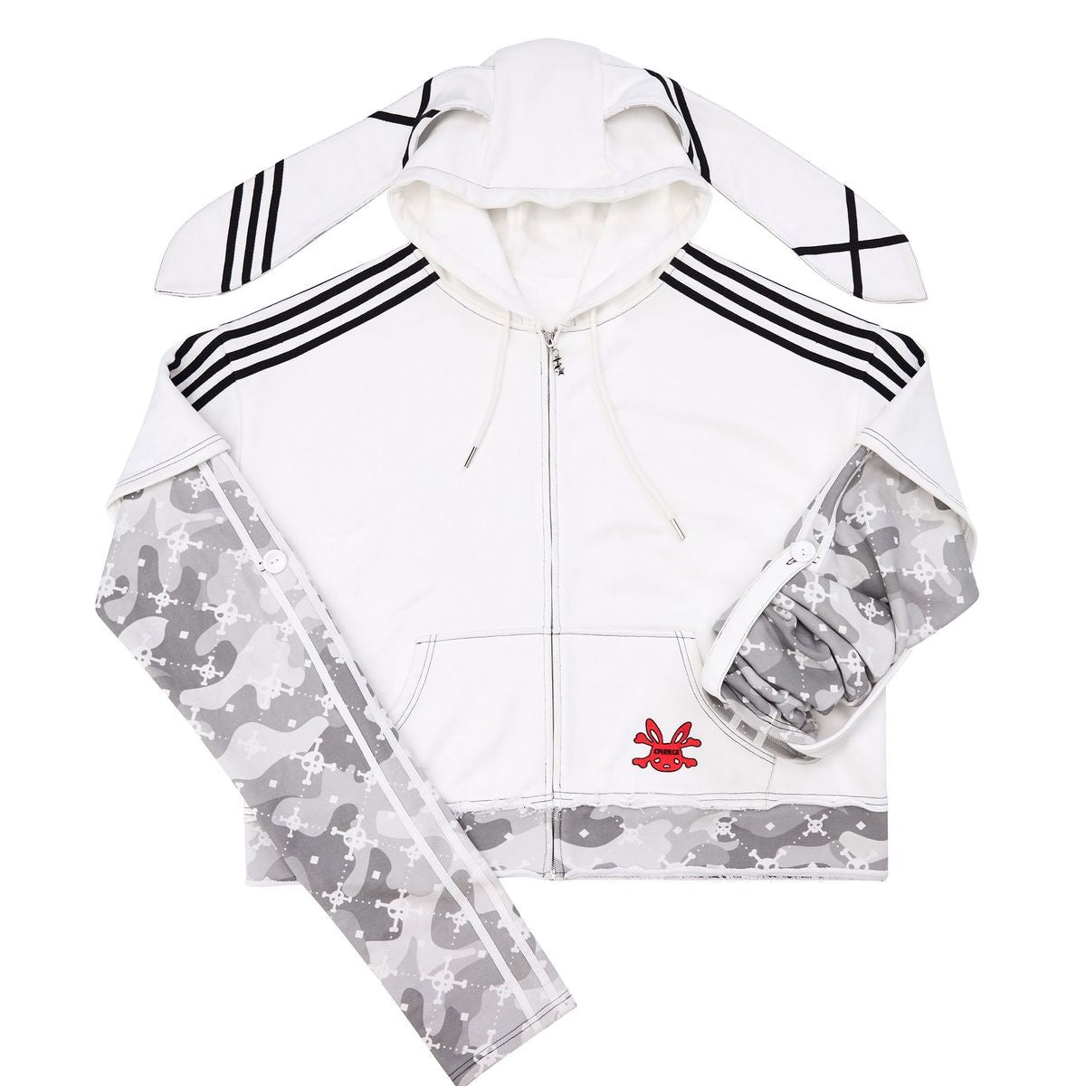 CFIERCE Layered Skull Print Bunny Hoodie in White