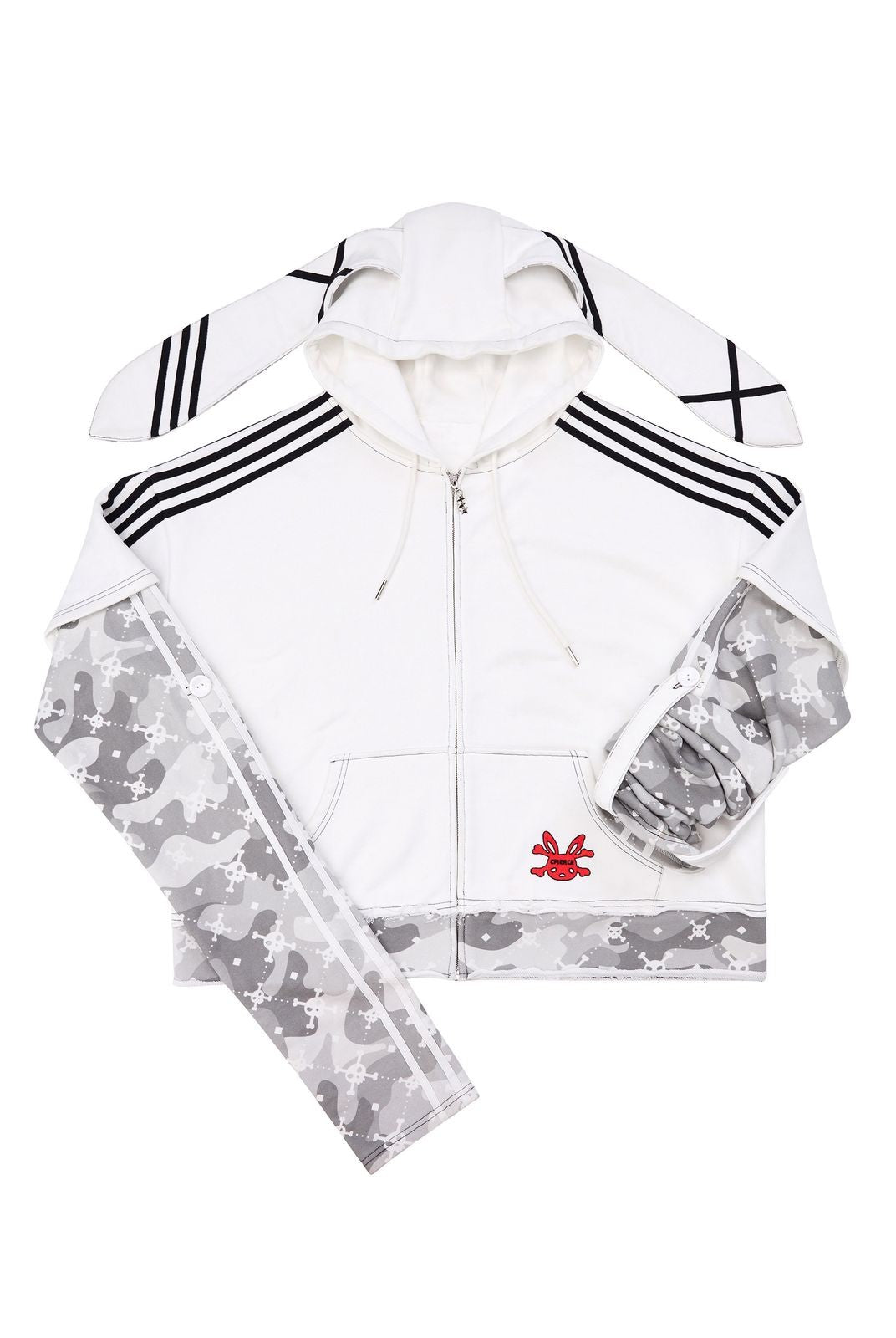 CFIERCE Layered Skull Print Bunny Hoodie in White
