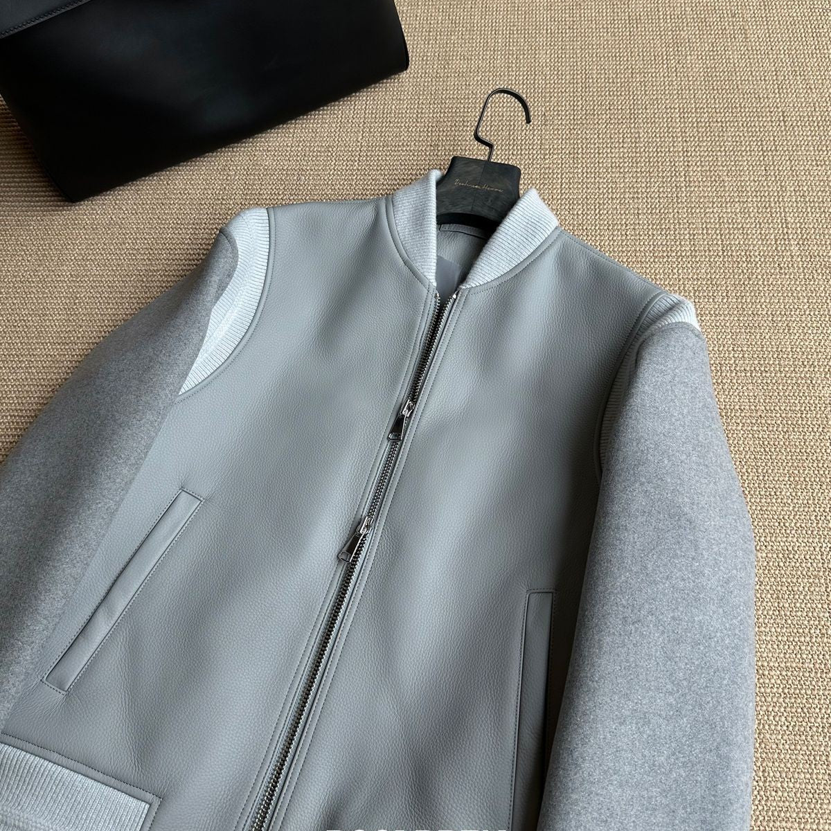 Roolrren homme Cowhide Lambswool Varsity Jacket in Gray