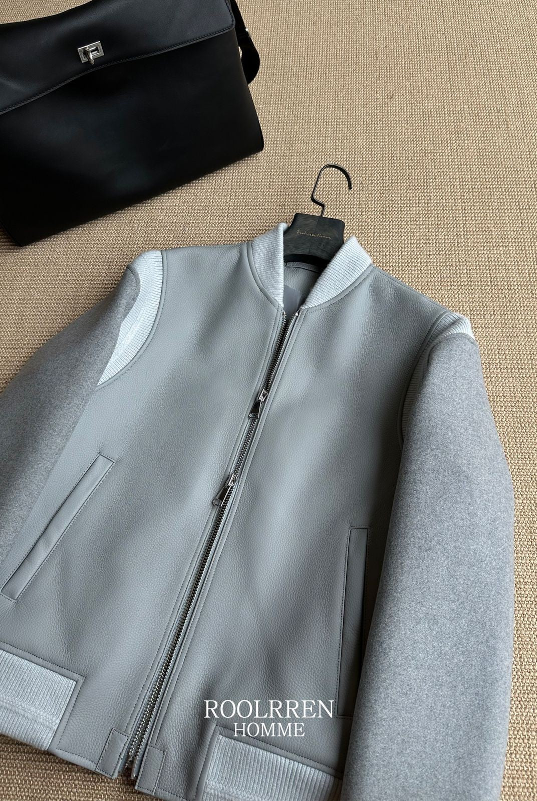 Roolrren homme Cowhide Lambswool Varsity Jacket in Gray