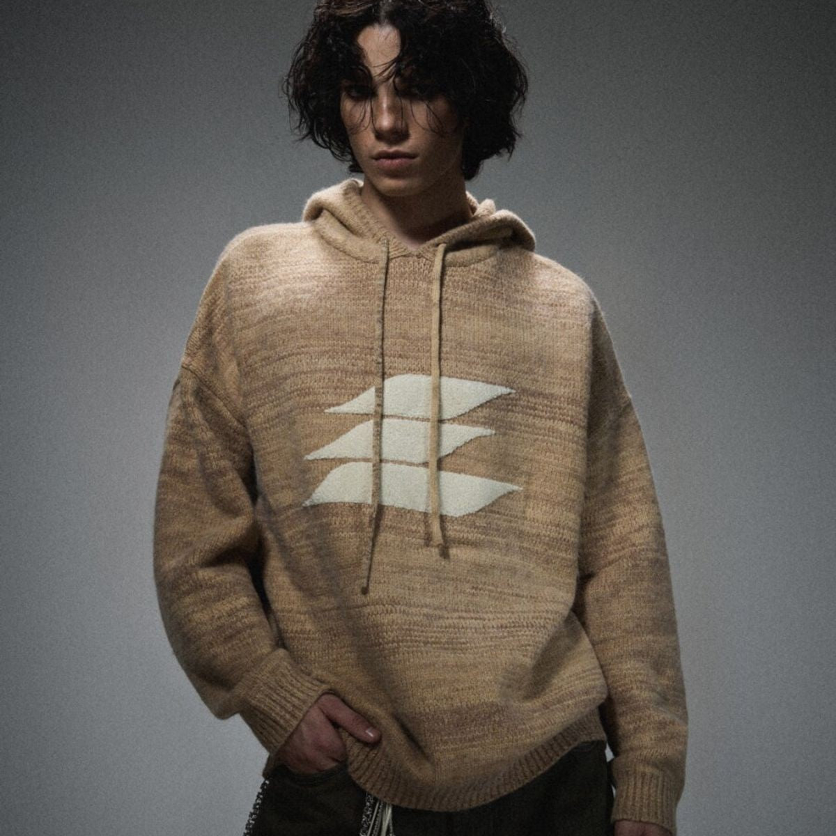 LOSTCTRL Chenille Logo Knit Hoodie in Khaki - On Male Model