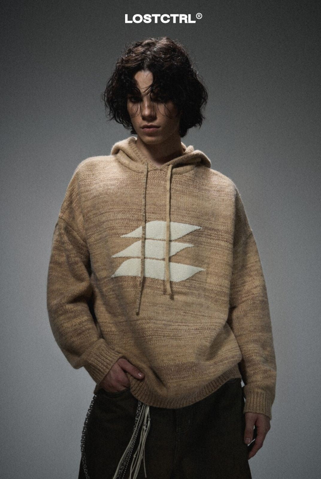 LOSTCTRL Chenille Logo Knit Hoodie in Khaki - On Male Model