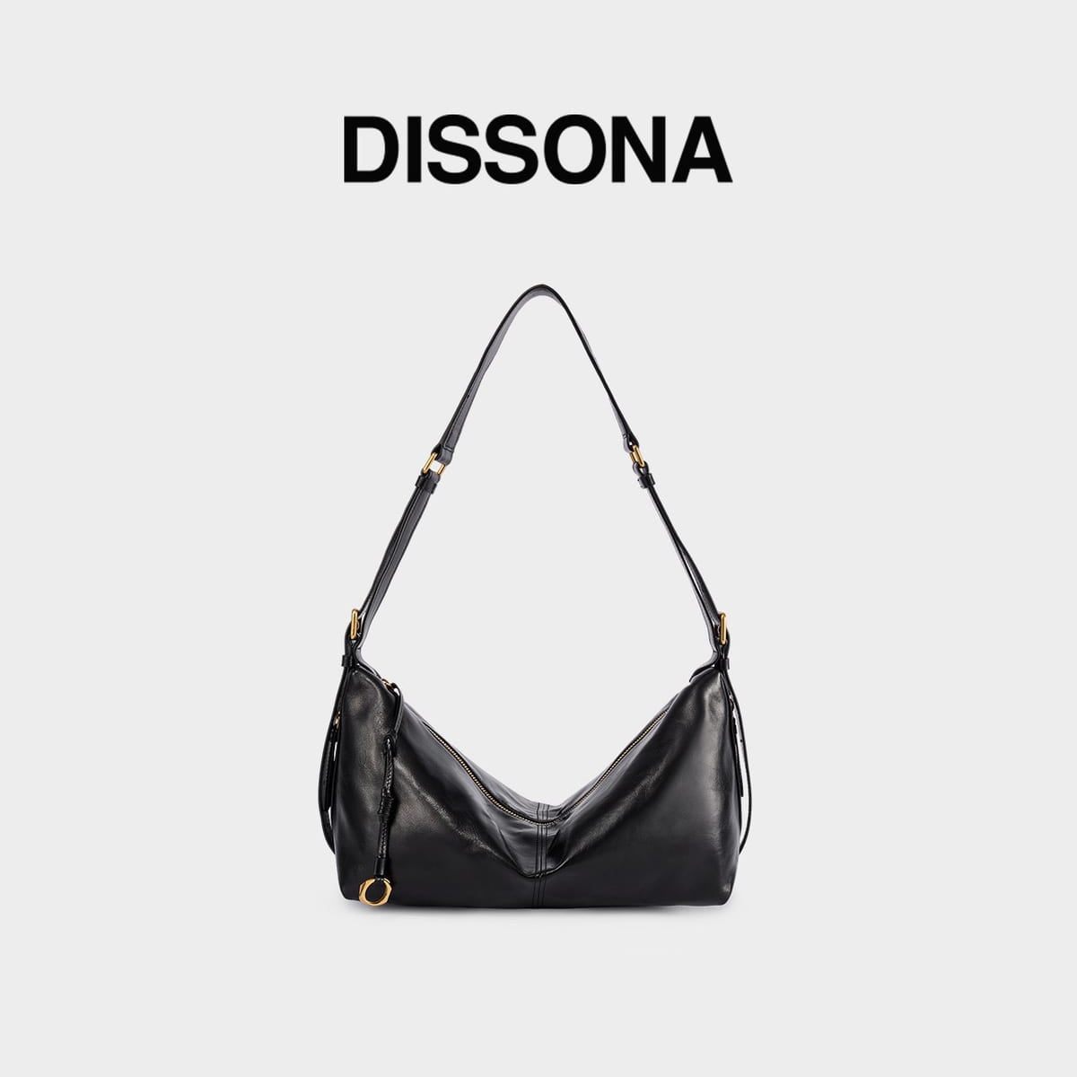 DISSONA Distressed Leather Crescent Hobo Bag in Black