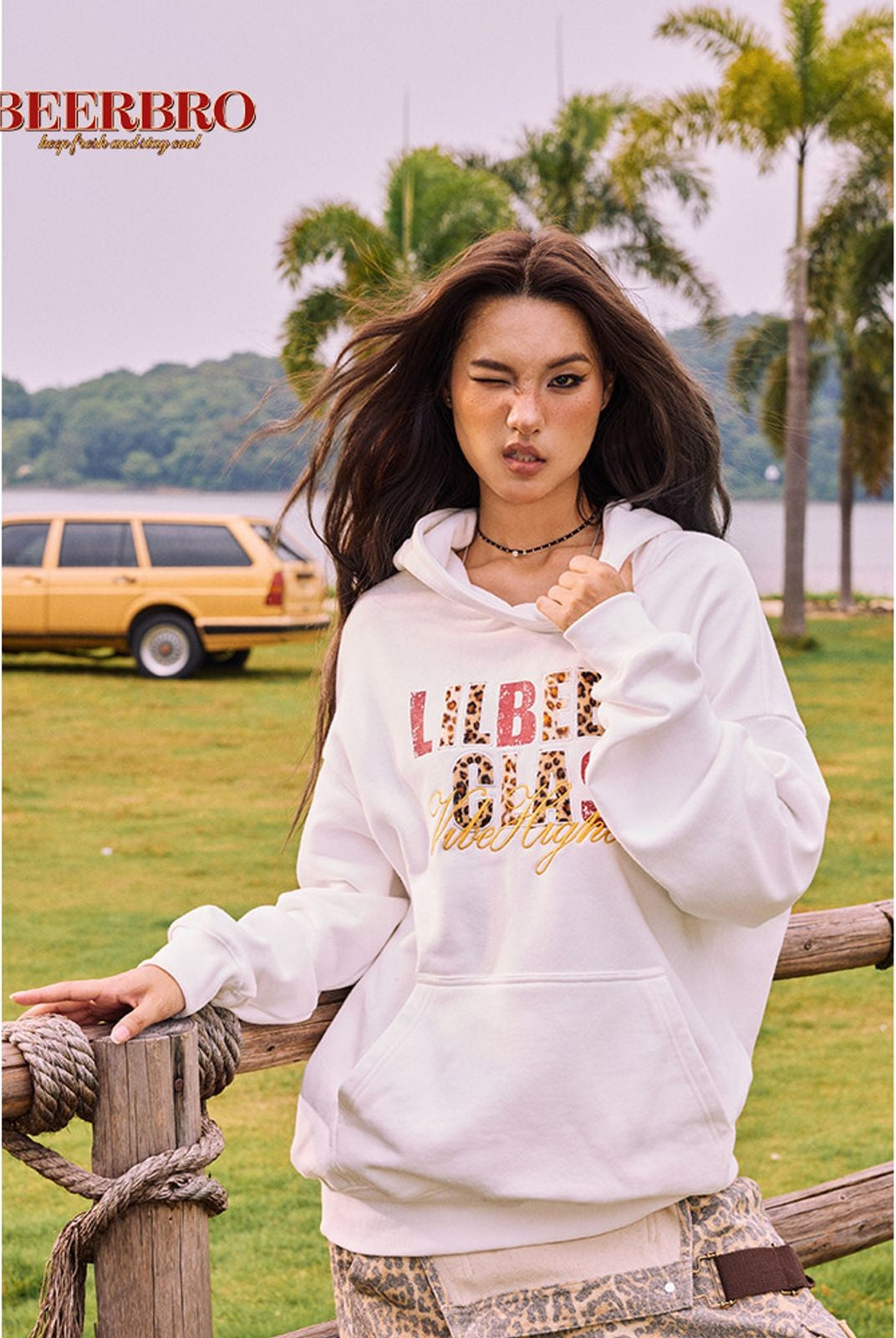 BeerBro Heavyweight Graphic Print Hoodie in White