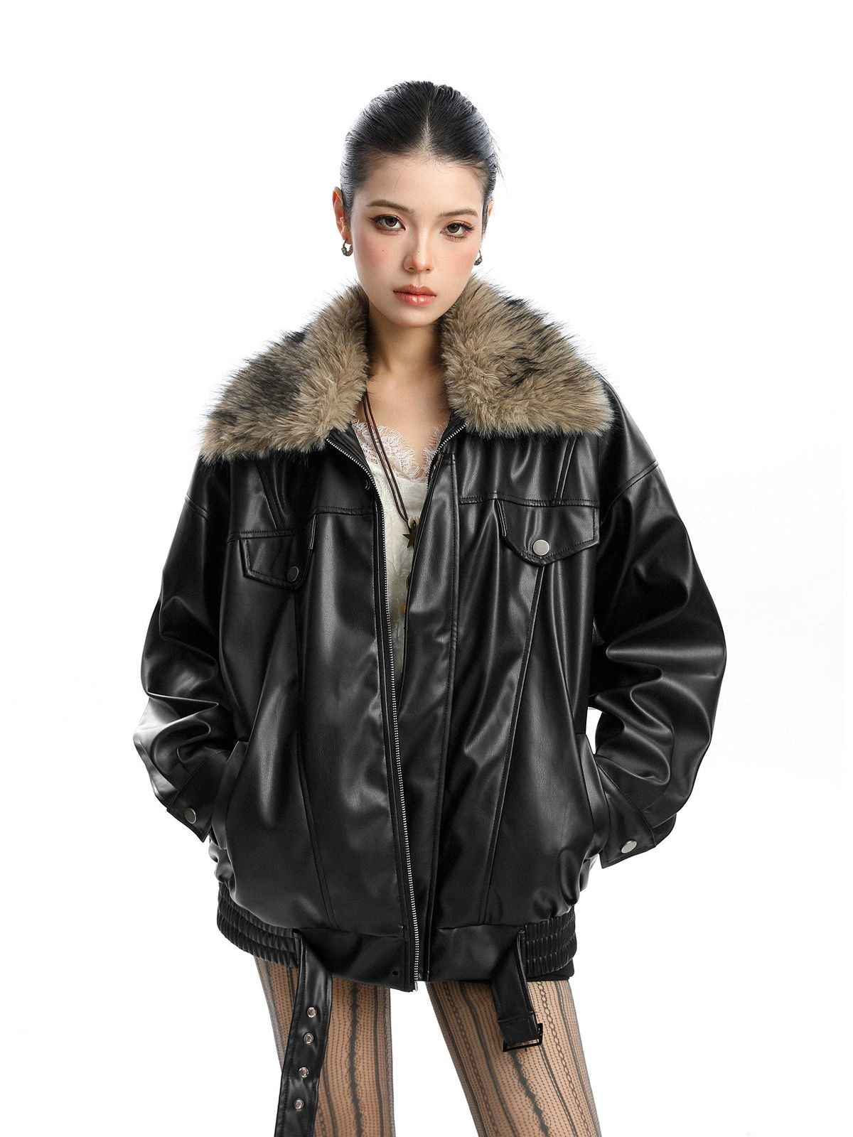 Big Gold studio Detachable Fur Collar PU Biker Jacket in Black - On Model