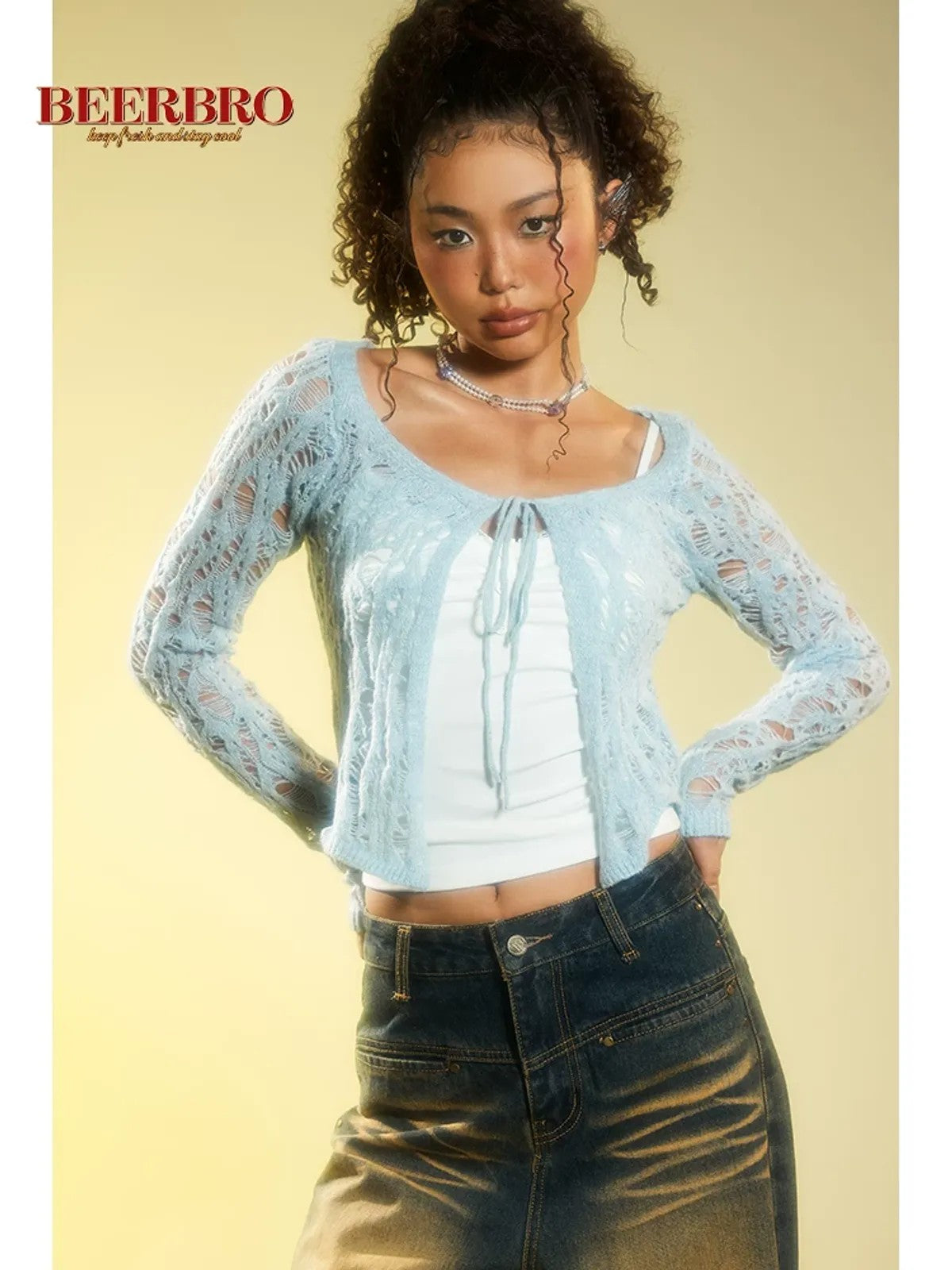 BeerBro Tie Front Distressed Knit Cardigan in Blue - On Model