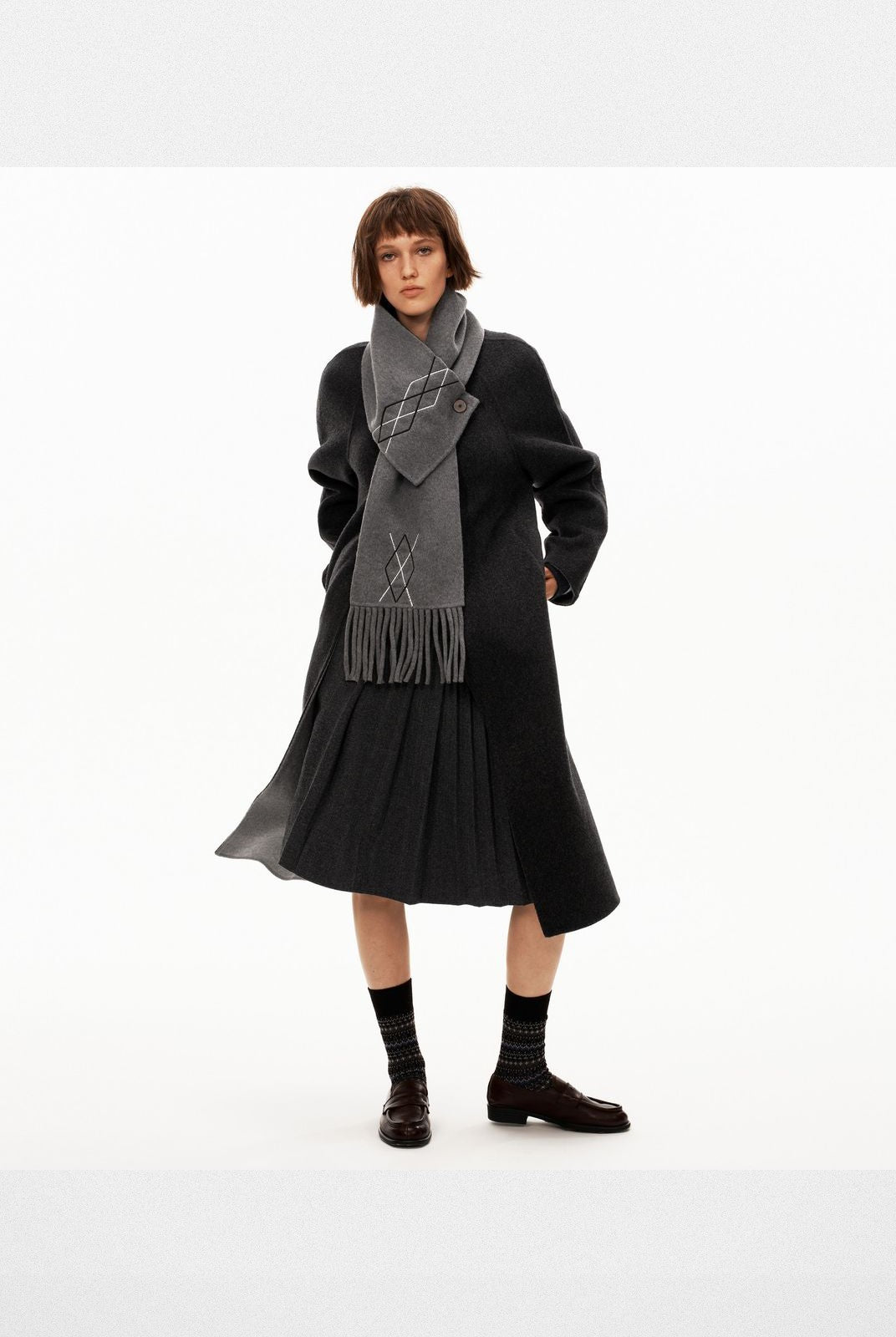 PUKI Diamond Fringe Scarf Wool Coat in Gray - On Model
