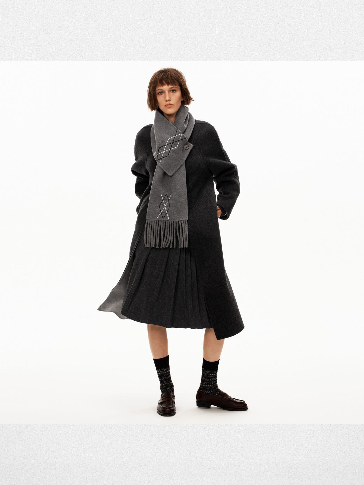 PUKI Diamond Fringe Scarf Wool Coat in Gray - On Model