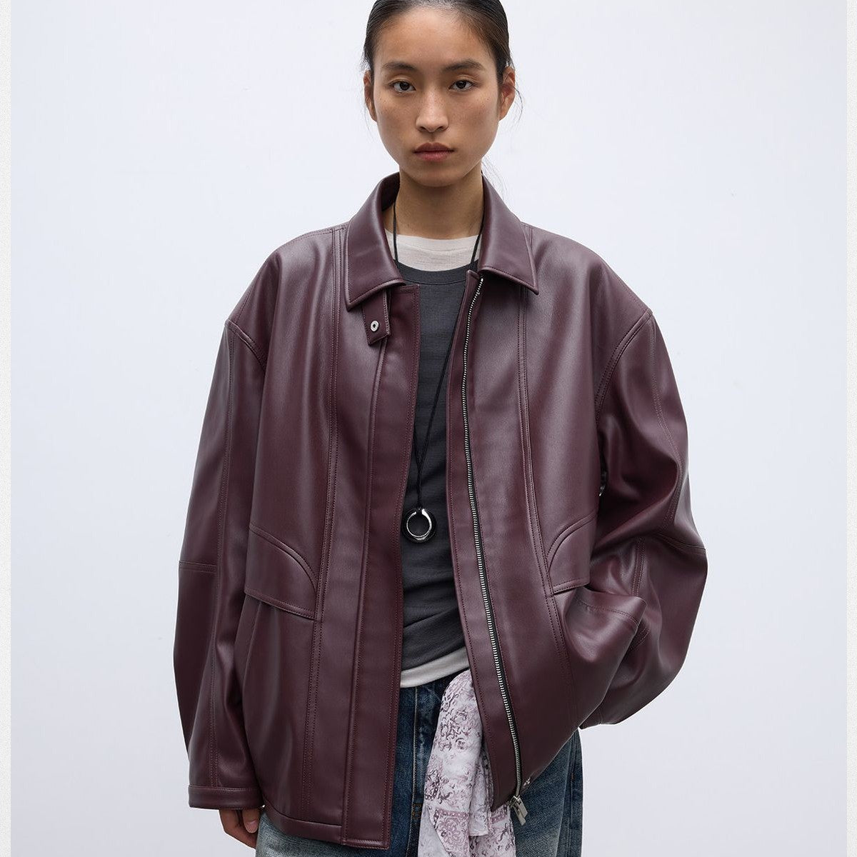 RandomPiece Oversized Matte Faux Leather Jacket in Burgundy - On Model