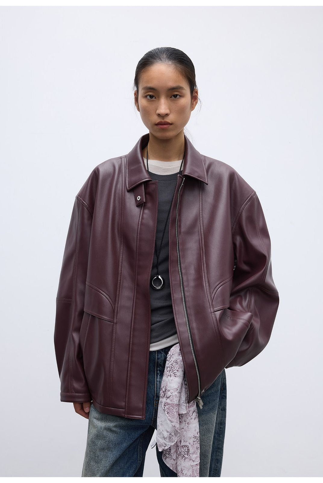 RandomPiece Oversized Matte Faux Leather Jacket in Burgundy - On Model