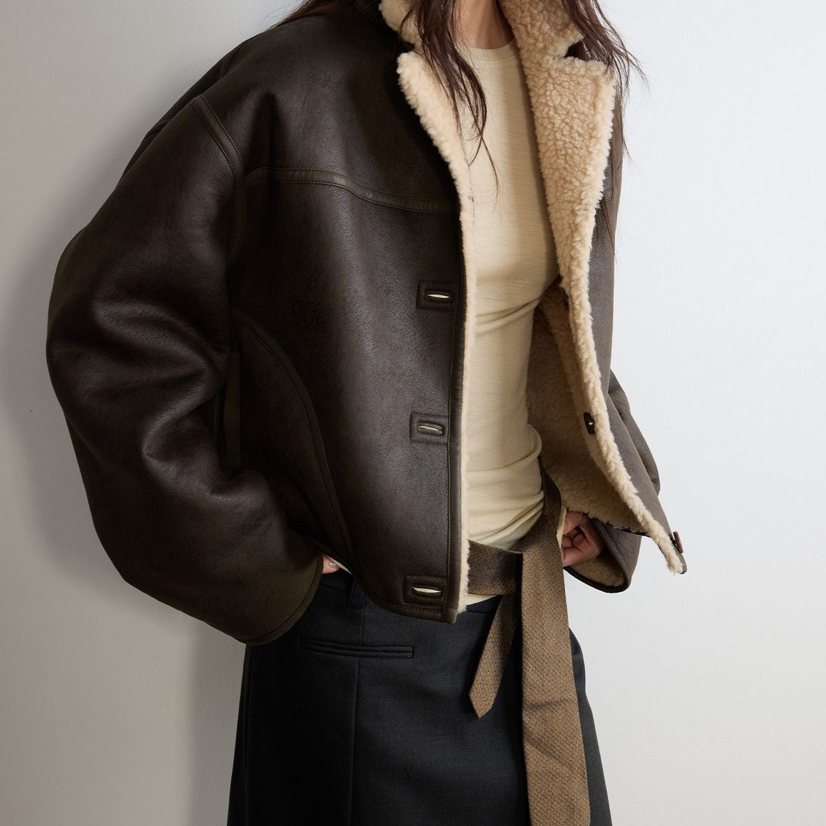 RandomPiece Reversible Faux Suede Wool Jacket in Dark Gray - On Model