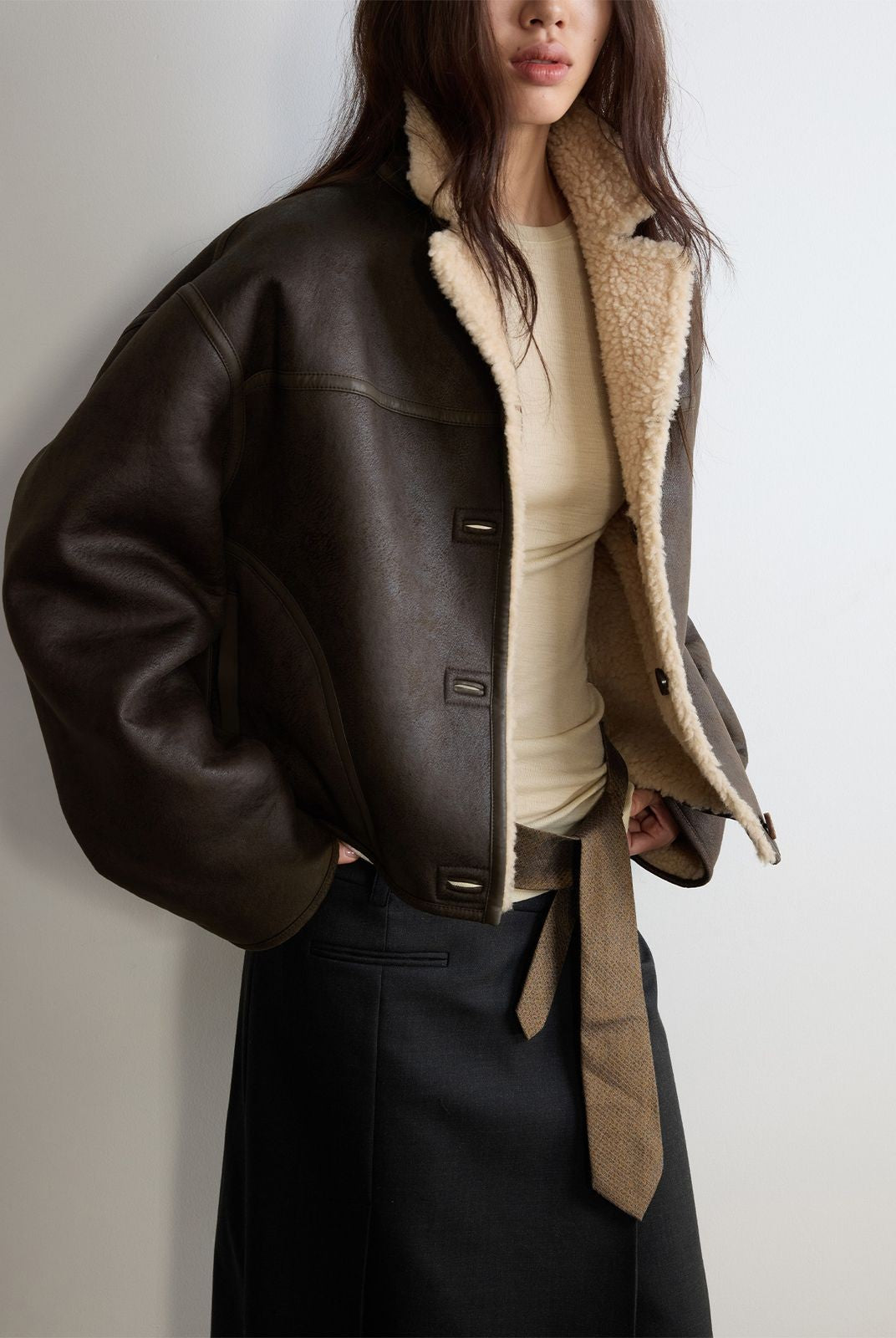 RandomPiece Reversible Faux Suede Wool Jacket in Dark Gray - On Model