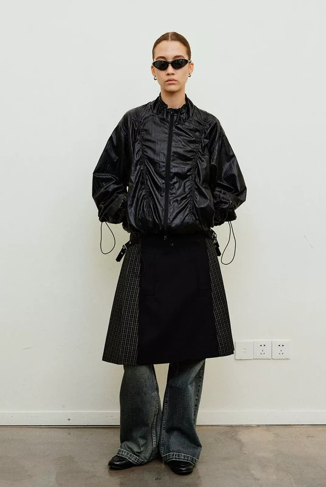 NeverSeez Glossy Ruched Tencel Windbreaker in Black - On Model