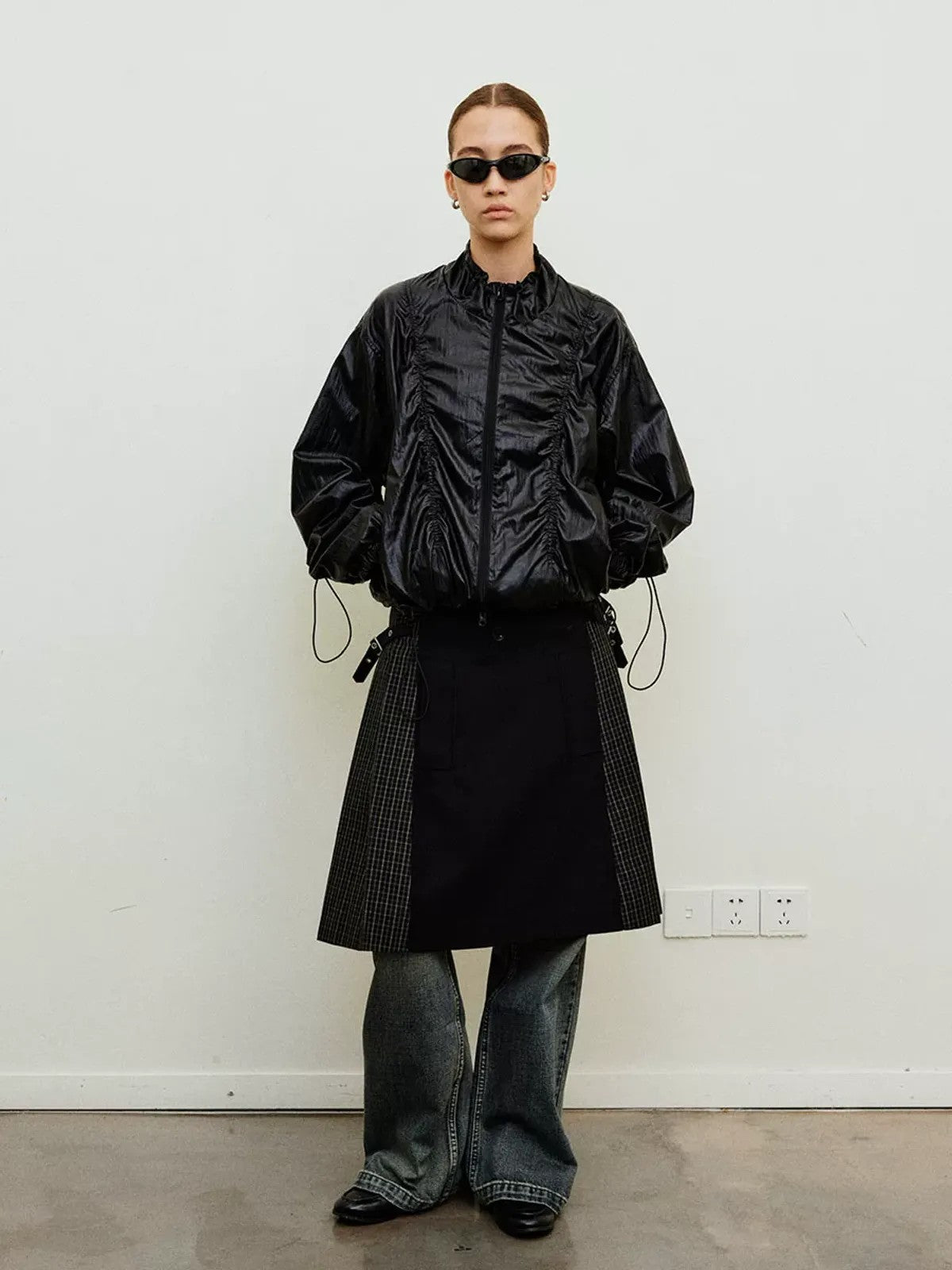 NeverSeez Glossy Ruched Tencel Windbreaker in Black - On Female Model