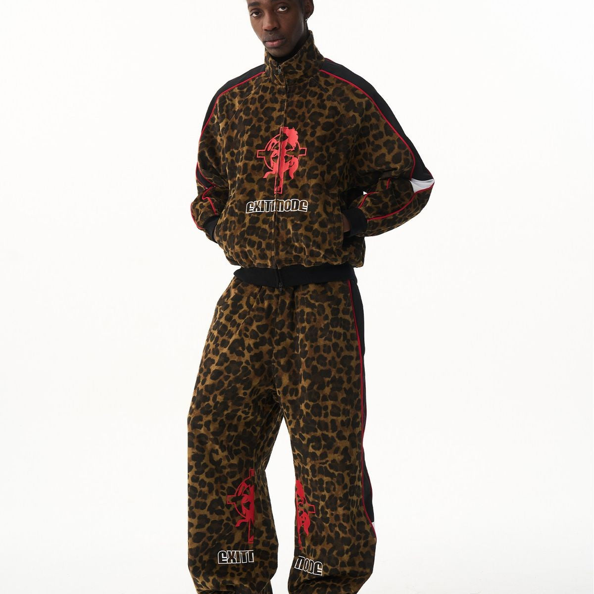 BLINDNOPLAN Leopard Print Track Jacket in Brown - On Model