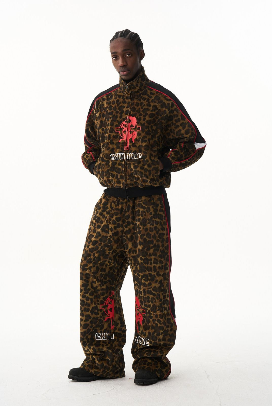 BLINDNOPLAN Leopard Print Track Jacket in Brown - On Model