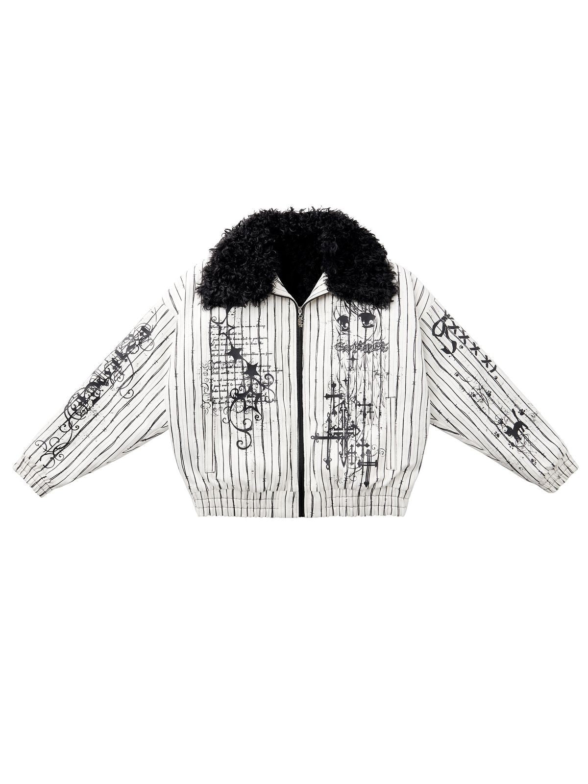 CFIERCE Thorn Stripe Fur Collar Jacket in White