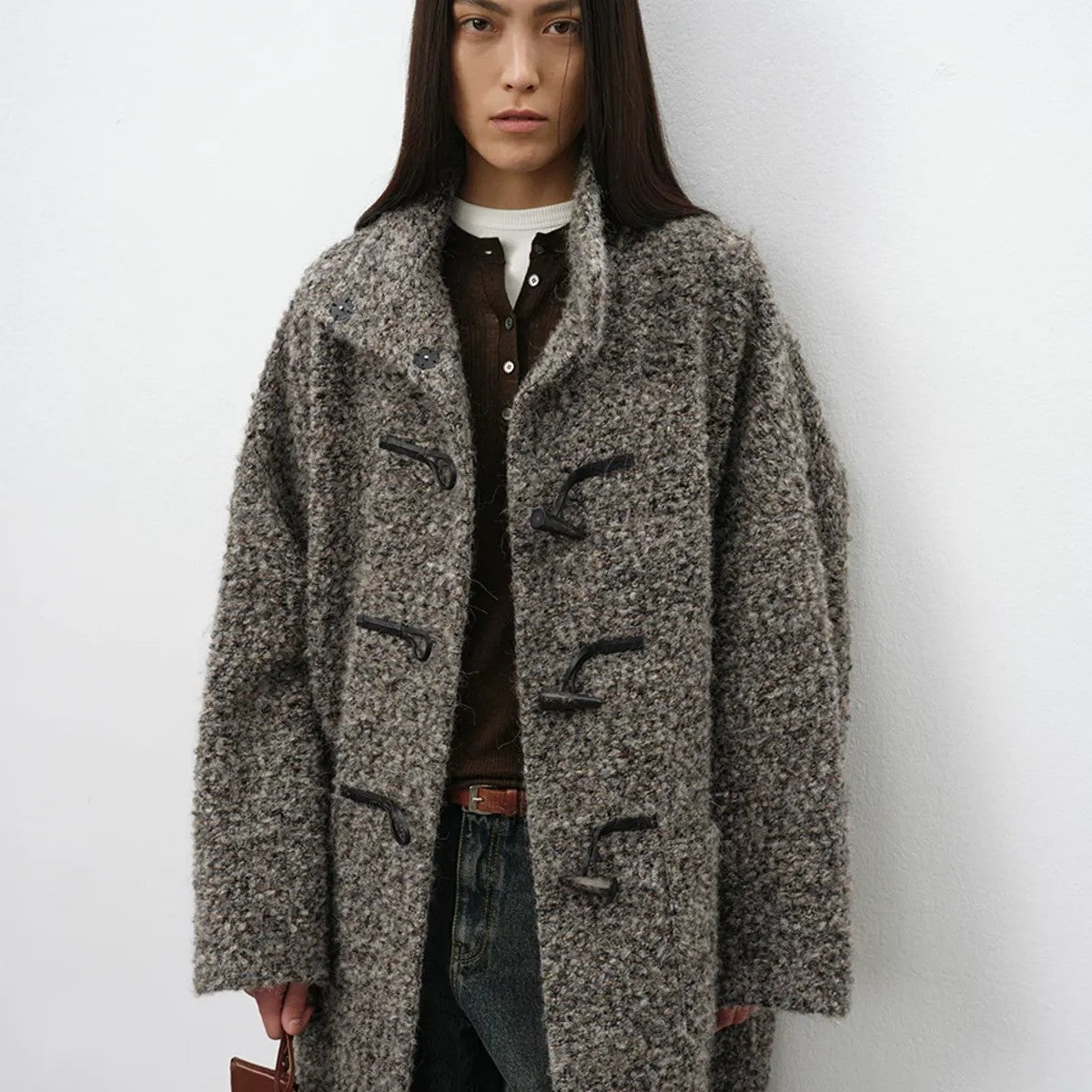 RandomPiece Alpaca Wool Boucl Toggle Coat in Beige - On Model