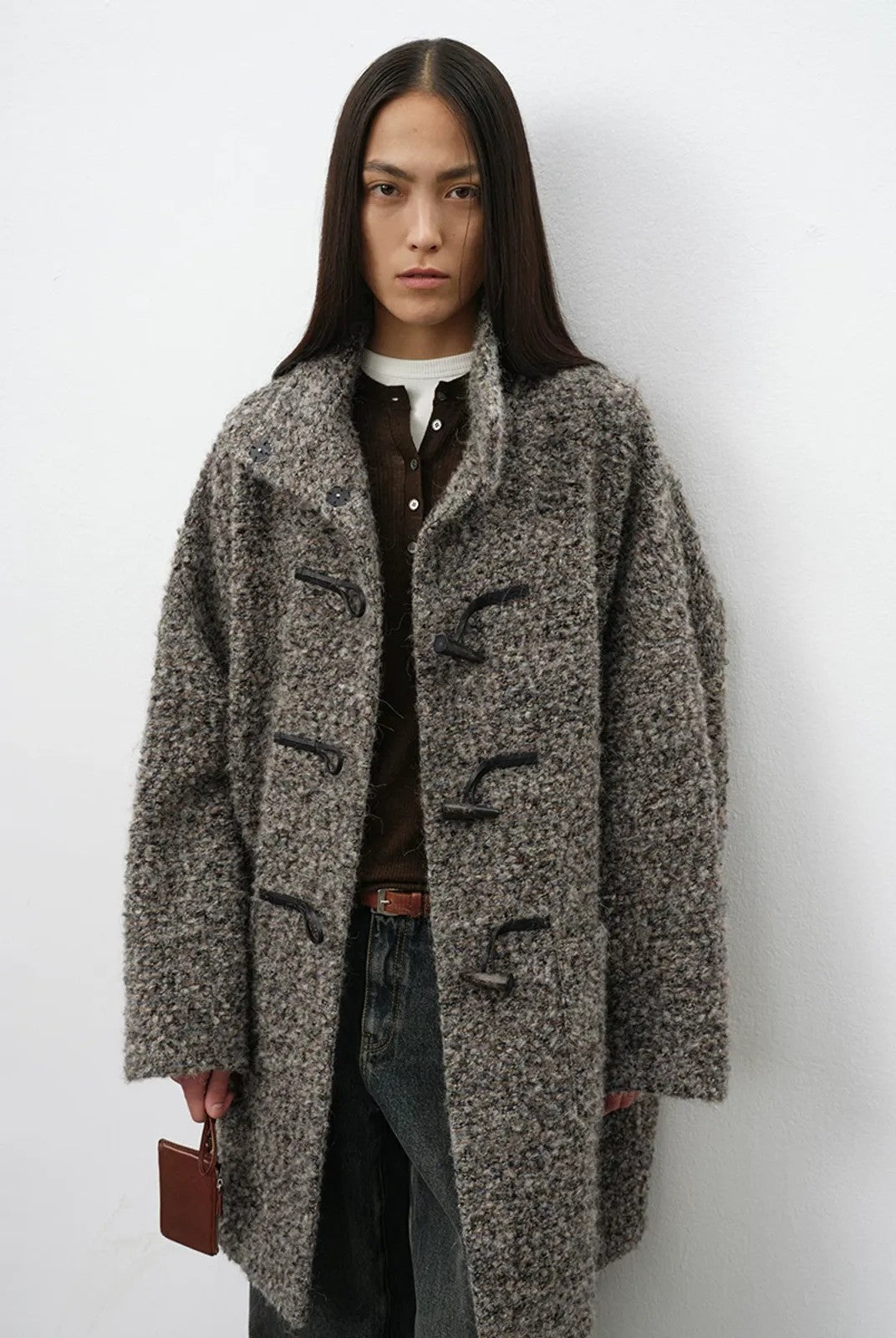 RandomPiece Alpaca Wool Boucl Toggle Coat in Beige - On Model