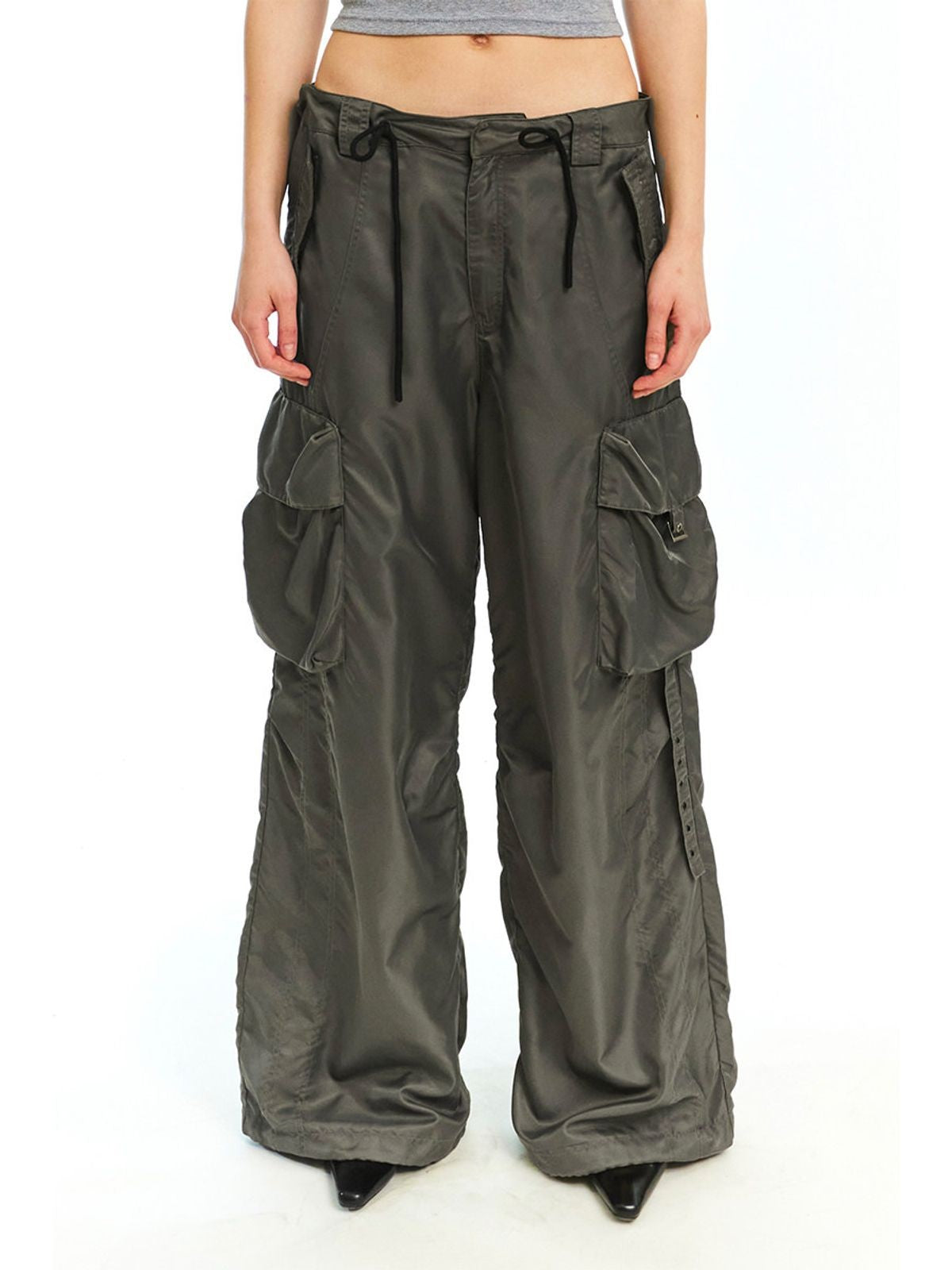 NeverSeez Spliced Wide Leg Cargo Pants in Green - On Female Model