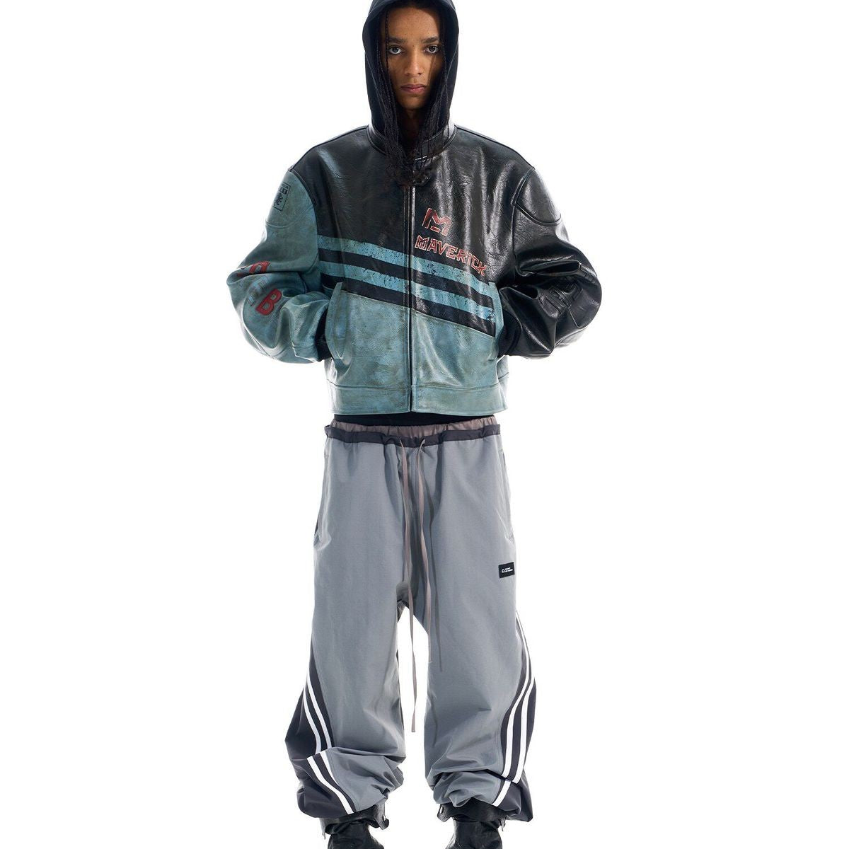 BLINDNOPLAN Distressed Faux Leather Biker Jacket in Black - On Model