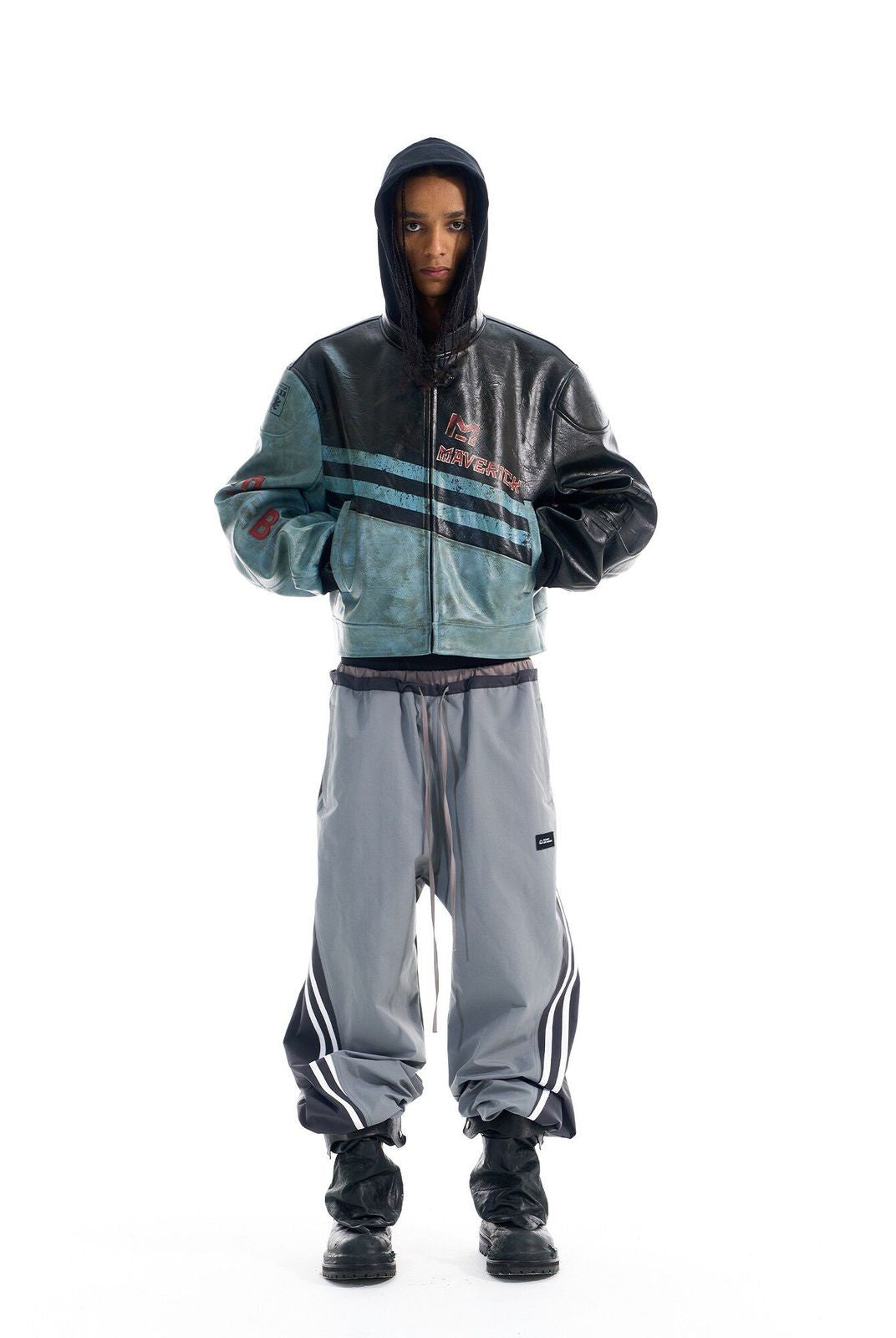 BLINDNOPLAN Distressed Faux Leather Biker Jacket in Black - On Model