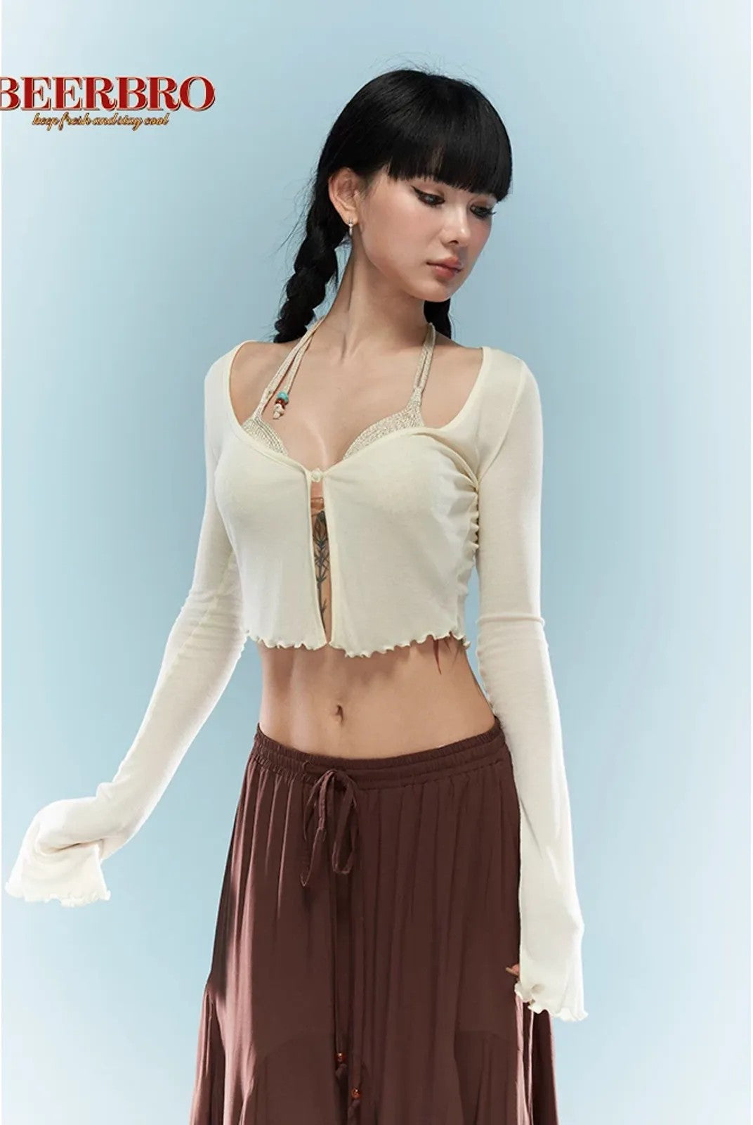 BeerBro Halter Bikini Shrug Set in White - On Model