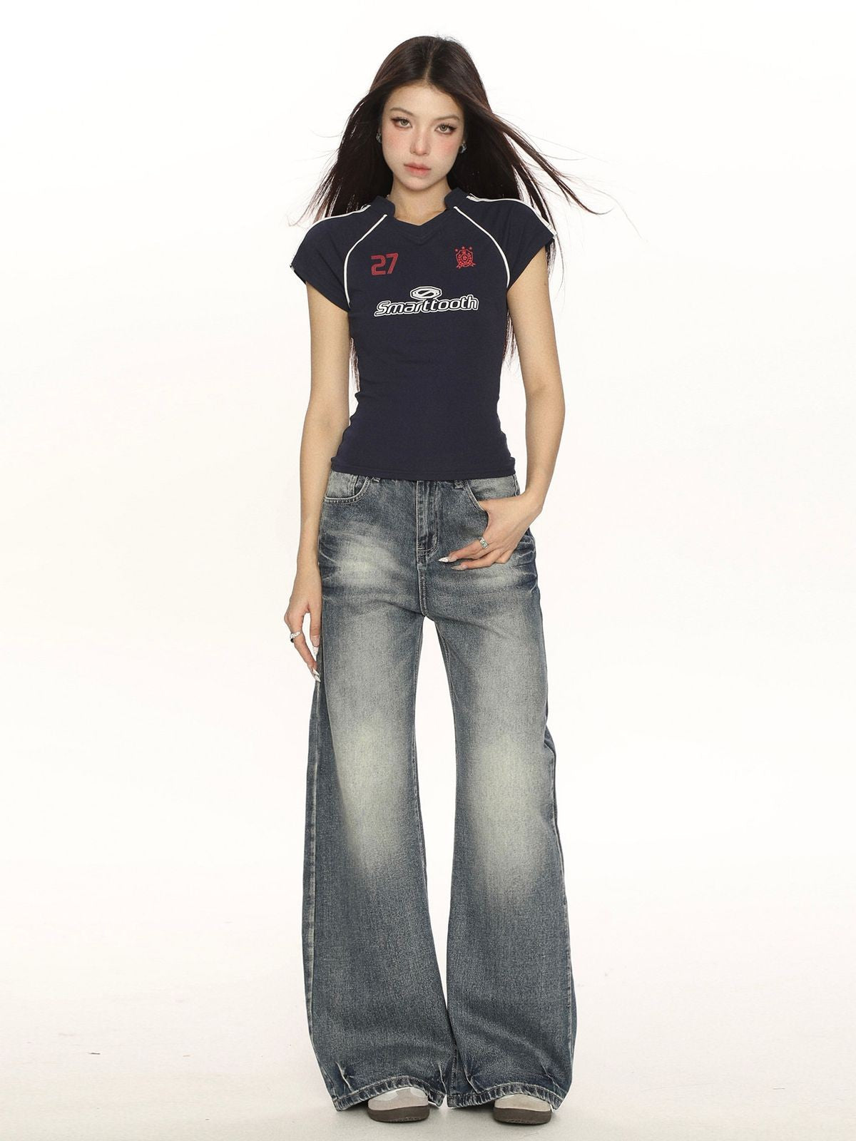 BIGGOLD STUDIO Washed High Waist Wide Leg Jeans in Blue - On Model #color_blue