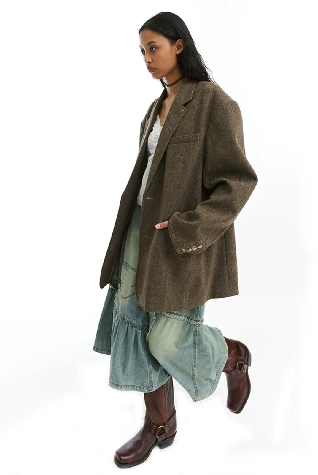 NeverSeez Hand Distressed Embroidered Blazer in Brown